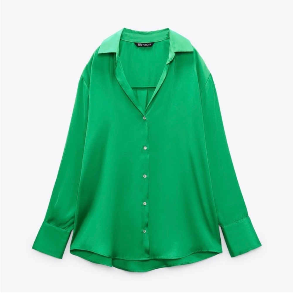 Vibrant Green Button-Up Satin Blouse